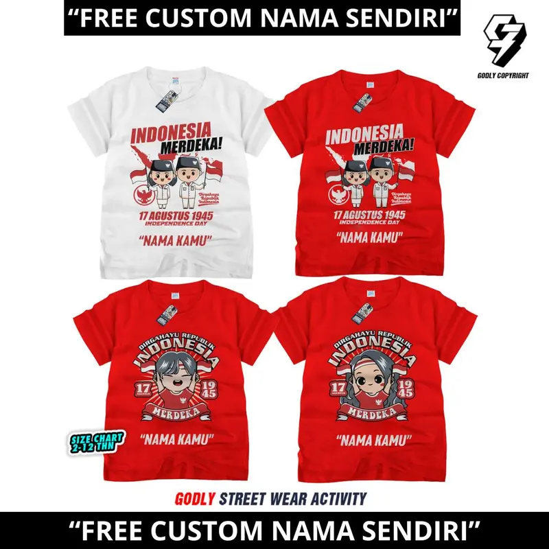 Baju Atasan Kaos Anak 17 Agustus Kemerdekaan INDONESIA Cod Bayar Ditempat Usia 1-12 Tahun FREE CUSTOM NAMA Bahan Katun Premium 0