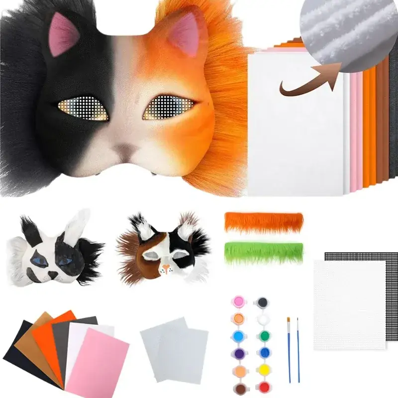 Therian Mask Kit Blank Masks Half Face Hand Drawn Animal Cat Fox Mask DIY Handmade Graffiti Half Face Mask Party Christmas Gifts