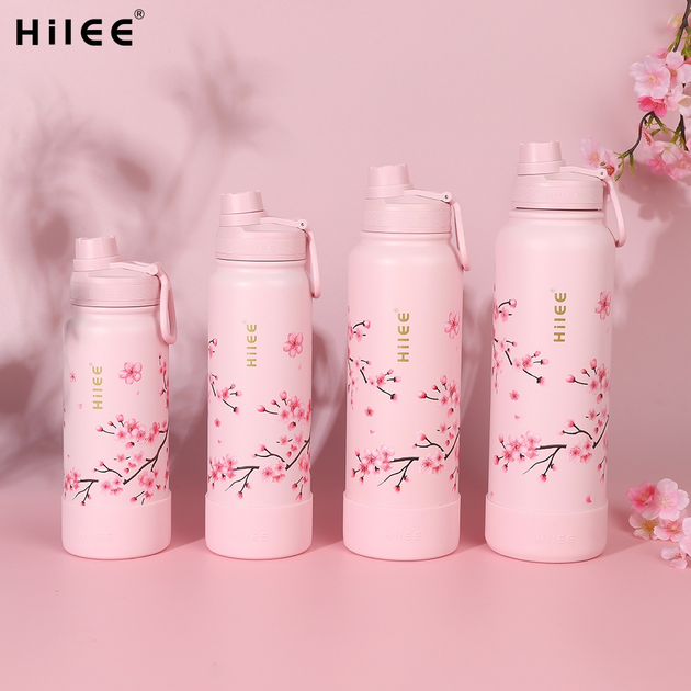 Hilee Garrafa de Hidratação em Aço Inoxidável · Boca Larga com Estampa Sakura · Copo Térmico Portátil com Tampa Flip, Isolamento a Vácuo e Alça