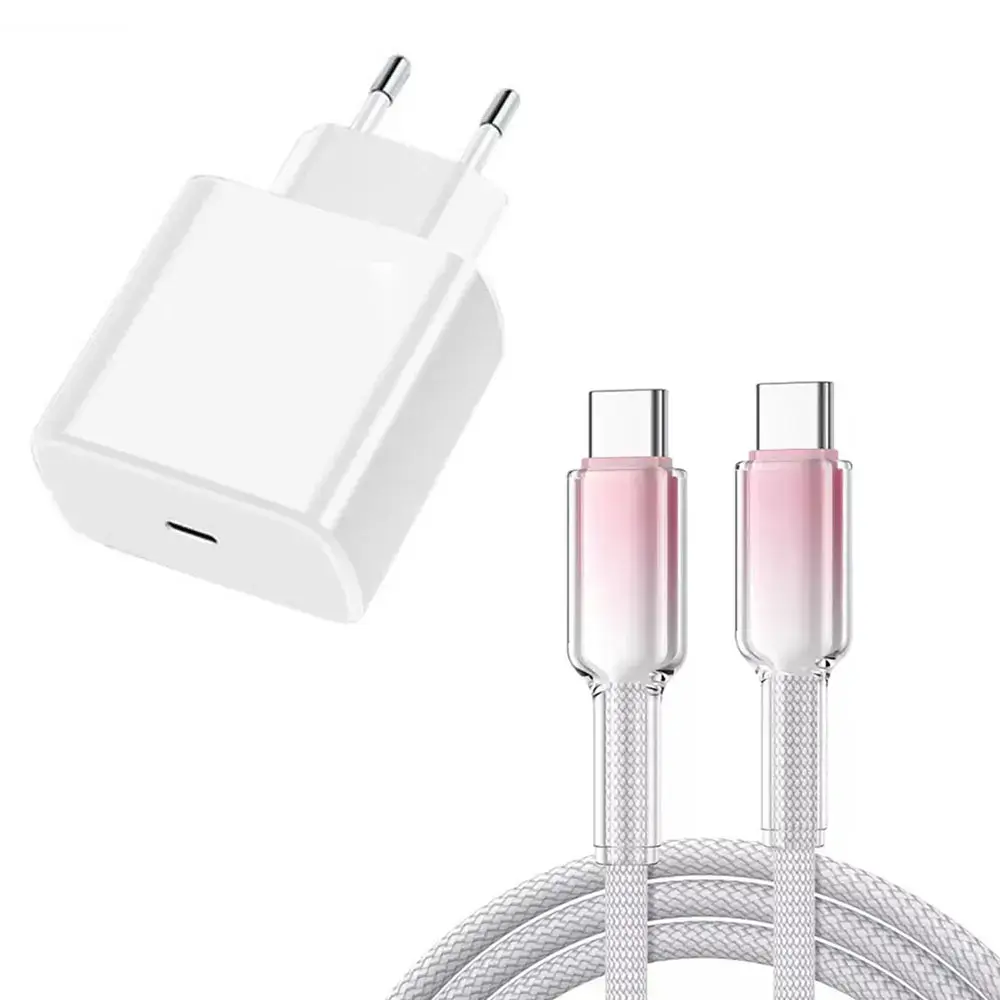 Pengisi daya putih + kabel data merah muda