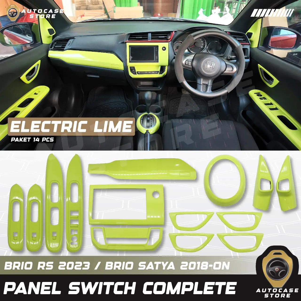PANEL INTERIOR ALL NEW BRIO RS / SATYA 2018–2022 & 2023–2025 ON WARNA ELECTRIC LIME PNP AKSESORIS MOBIL