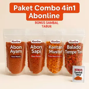 Paket Combo Abonline 4 Varian + Bonus Sambal Tabur Pedas – Abon Ayam 100gr, Abon Sapi 100gr, Kentang Mustofa 100gr, Balado Tempe Teri 100gr Snack