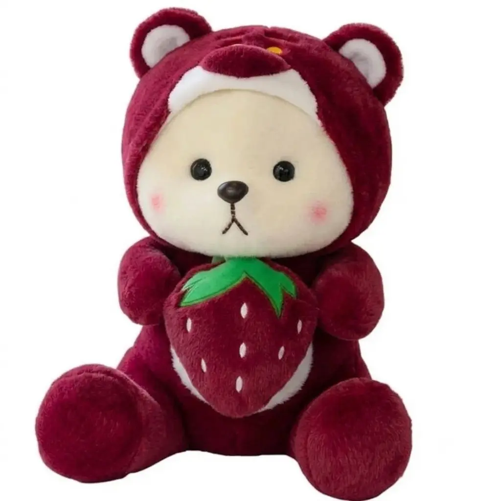 Boneka Teddy Bear Costum Hoodie Strawberry 25 cm Mainan Anak Lucu Hadiah Ulang Tahun Viral Terbaru