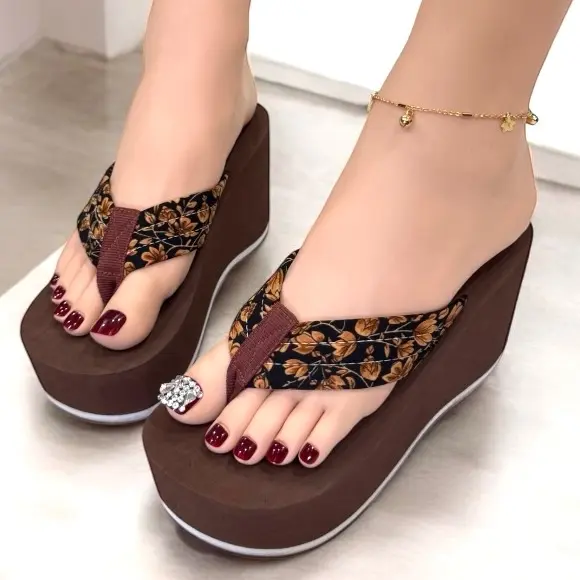 Dép bông nâu quai ngang và quai kẹp cao 5,7,9p - Nữ - DéP, Women, Slipper