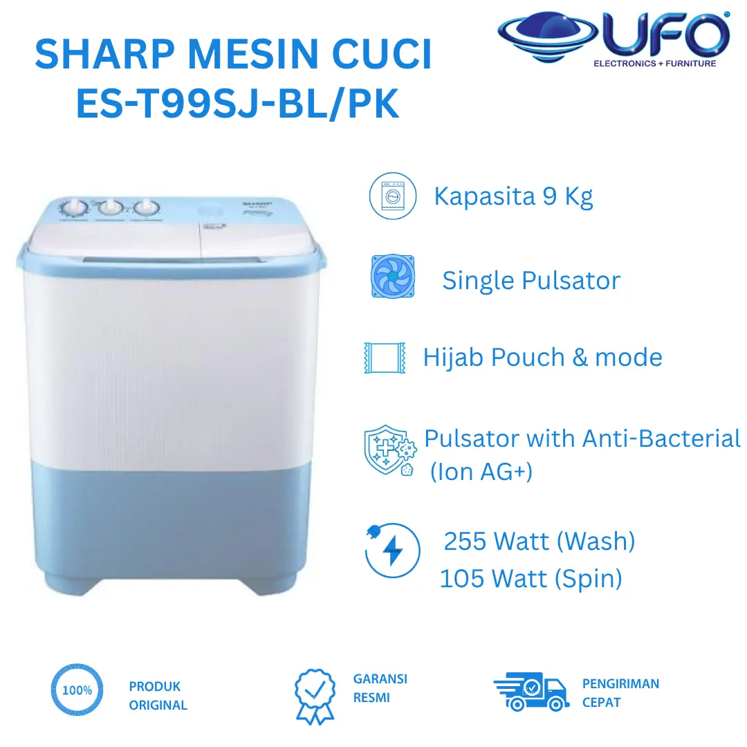SHARP Mesin Cuci Sharp Dua Tabung Warna Pink | EST 99SJ ES-T99SJPK