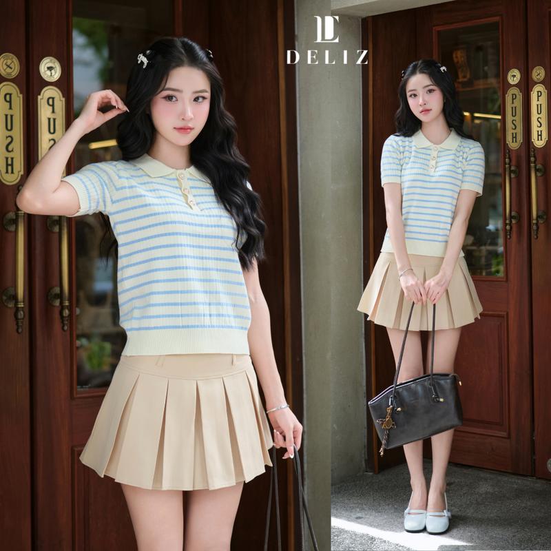 DELIZ - BST MỚI - Áo len nữ ngắn tay cổ polo tone xanh mint nhẹ nhàng bộ sưu tập hè - PL34