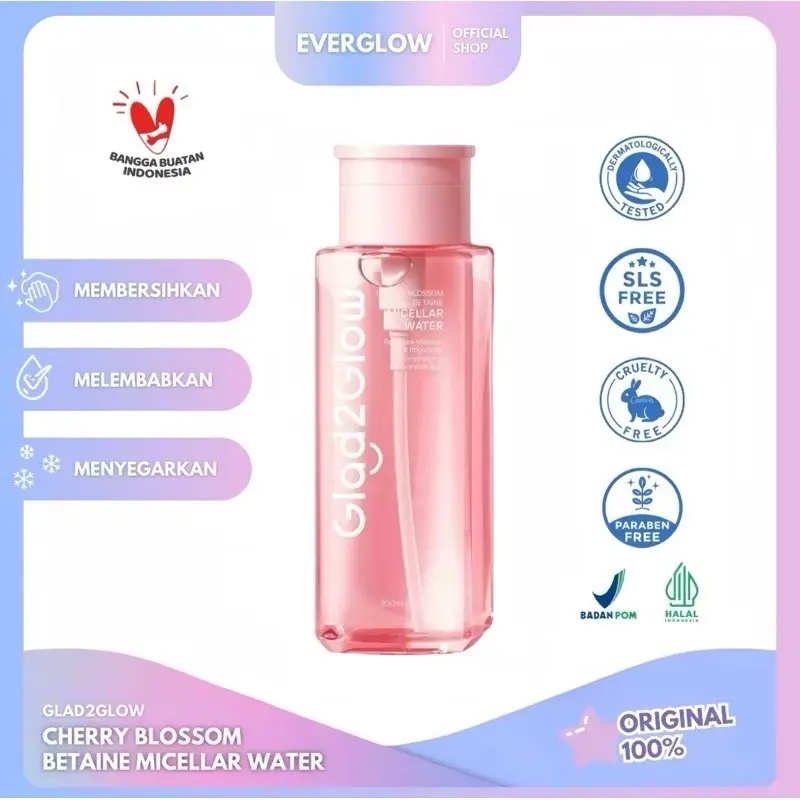 Glad2Glow Cherry Blossom Betaine Micellar Water-300ml Pembersih Wajah Make Up Remover Cleansing Water dan Melembabkan Wajah
