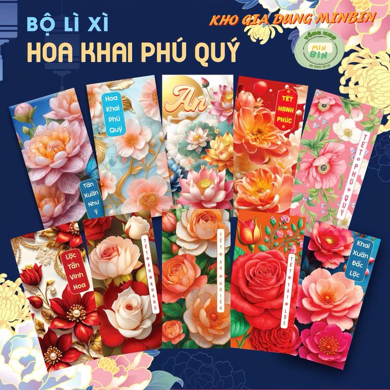  Combo 100 Bao Lì Xì Hoa Khai Phú Quý 3D Lì Xì Tết 2026 Bính Ngọ 