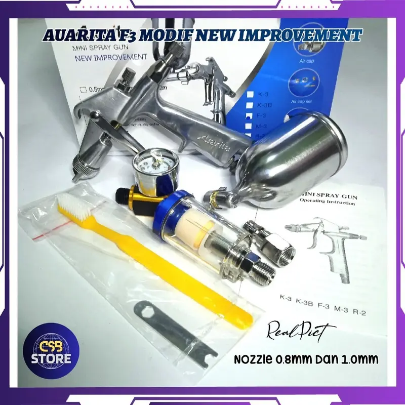 Set Spray Gun Auarita F3 Modif | F3 Standar Nozzle 0.5 | 0.8mm dan 1.0mm Dengan regulator filter udara dan coupler pf20 1