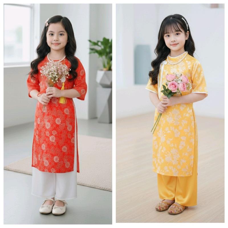   11-33kg  Bộ Áo Dài Gấm Truyền Thống Tay Lỡ Kèm Quần Dài Phi Bóng Mềm Mượt Mát Cho Bé Gái - Kèm phụ kiện và vòng cổ chuỗi ngọc. 