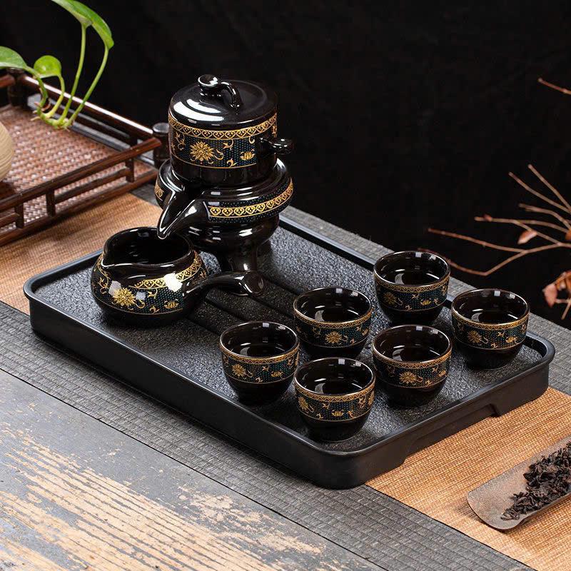 Gốm Sứ Gosu Bộ Ấm Trà Đạo Tráng Men Cao Cấp - Kèm Hộp Đựng Sang Trọng Hoạ Tiết Hoa Màu Nâu Đen