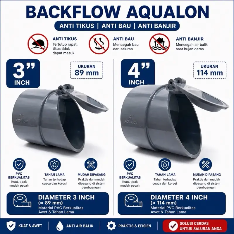 BACK FLOW VALVE 3 Inch 4 inch Fitting Katup Sistem Aliran Satu Arah BACKFLOW  3" INCH 4" INCH AQUALON pembuangan saluran air got anti tikus kecoa hama anti air masuk bukan Rucika