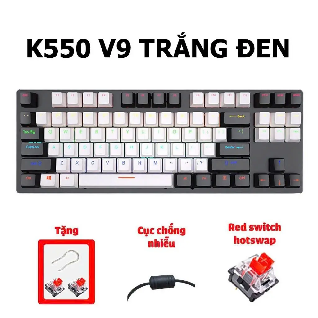 Bàn phím cơ có dây K550 V9 Red Switch led đa điểm ánh sáng nhiều màu , cục chống nhiễu từ tính, có hotswap