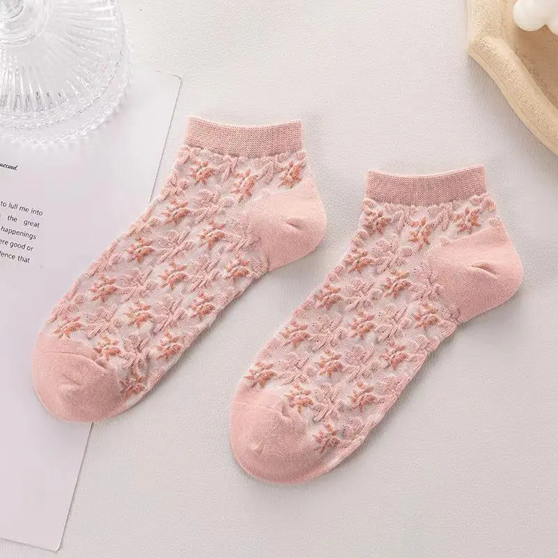 Kaos Kaki Wanita Korean Fashion Motif Flower Warna Pink Semata Kaki - KK1434 Ankle 8