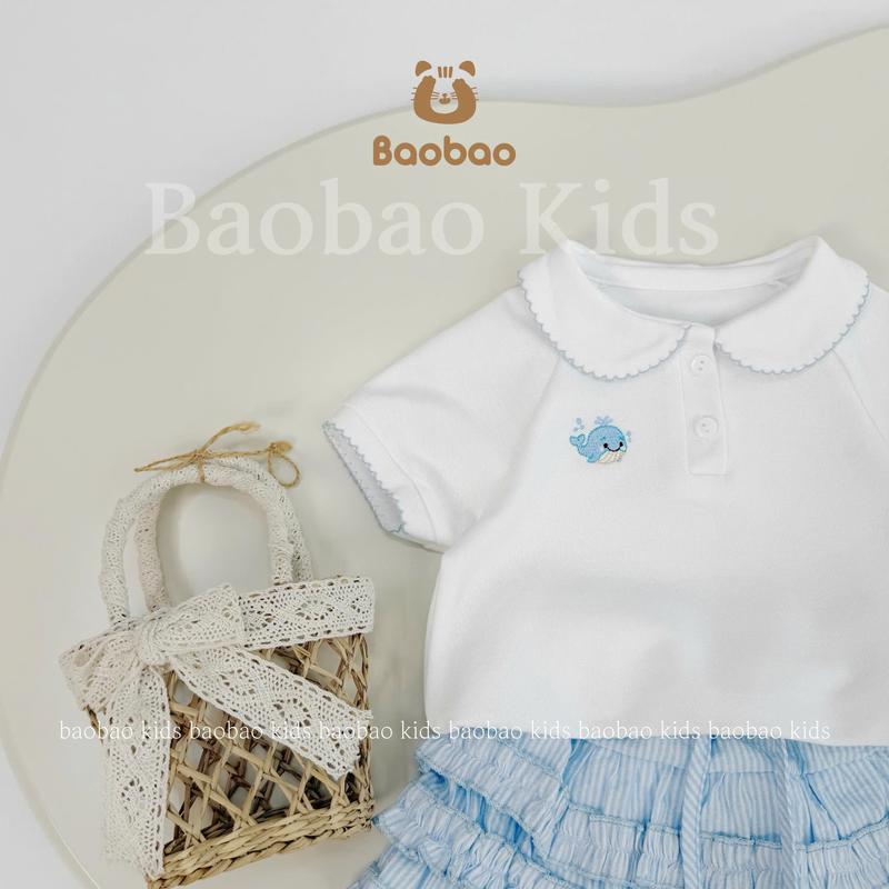 [BAOBAO- ODER] ÁO CỔ SEN VIỀN XANH THÊU CÁ VOI, VÁY KẺ SỌC XANH BÈO 3 TẦNG CHO BÉ GÁI M563 - Phong Cách Hàn Quốc Baby Style Vintage Nhẹ