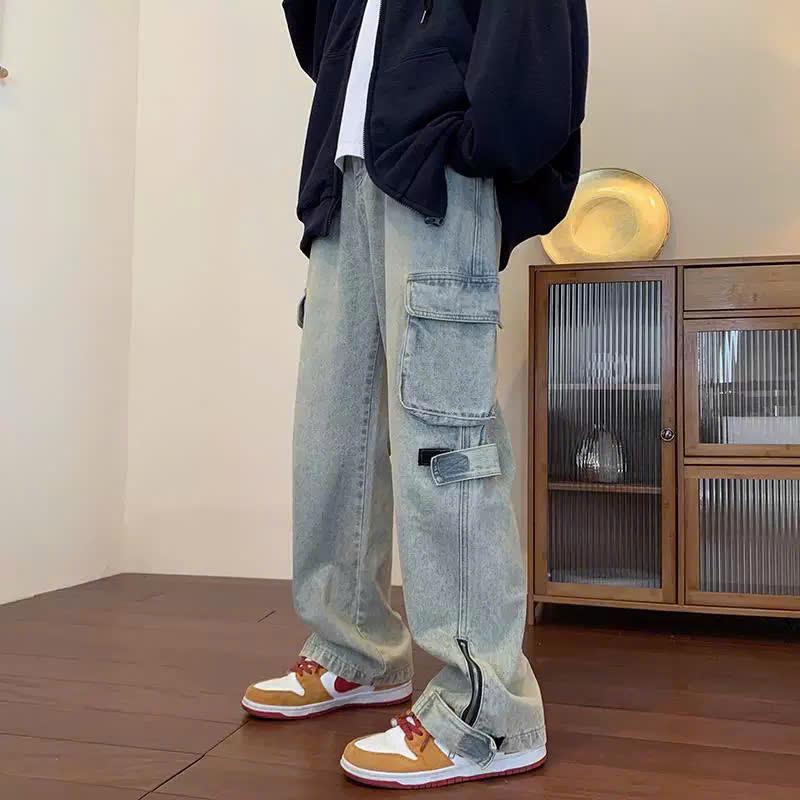 Quần baggy jean nam ống rộng màu xanh wash khóa gấu chất bò co dãn mẫu BA819 dáng chuẩn Menswear Pants Có Túi