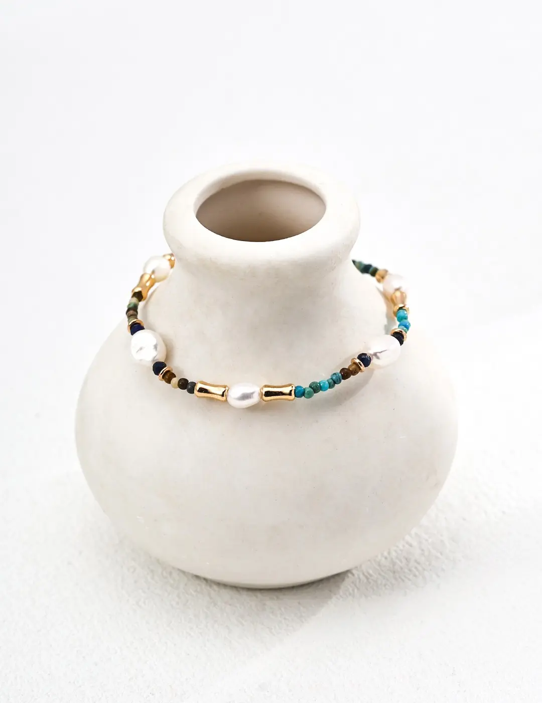 Realm of Time | S925 Sterling Silver Vintage Natural Pearl, Lapis Lazuli & Turquoise Bracelet