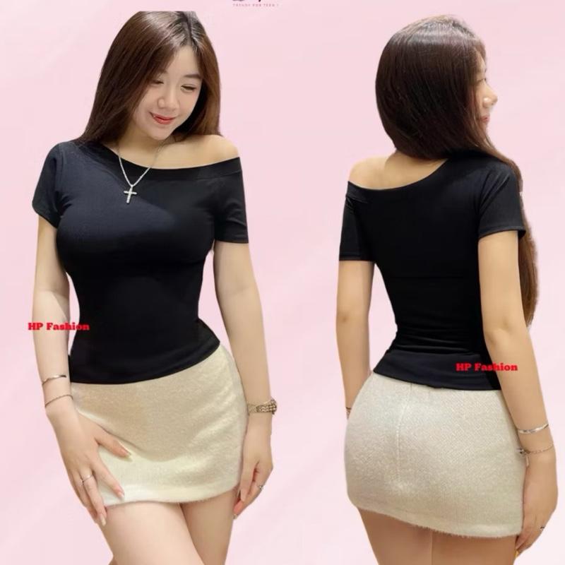 A52m Áo Thun Kiểu Cổ Trễ Vai 1 bên Dáng Tay Ngắn Ôm Body Tôn Dáng Phong Cách Mới Chất Thun XỊn size dưới 53kg