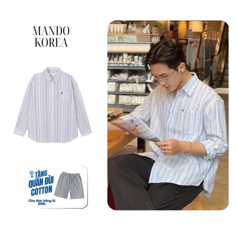 SHT045 Áo Sơ Mi Striped-Linen Shirt Kẻ Sọc Xanh Dương Oversized Phong Cách Hàn Quốc MANDO Menswear
