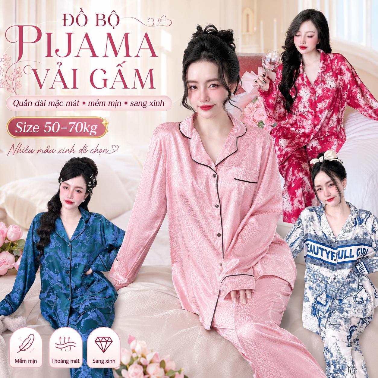 Đồ Bộ Đồ Ngủ Nhiều Kiểu Vải Gấm Cao Cấp 50-70kg Xinh Xắn Nữ Bigsize, Pijama Tay Ngắn Quần Dài Form Rộng Sang Xinh - A.TH6LN2