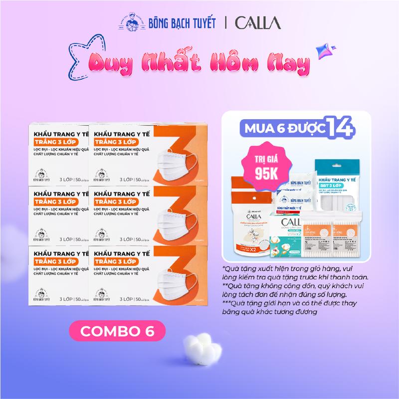  Combo 6 Khẩu trang Bông Bạch Tuyết 3 lớp trắng  50 cái hộp  