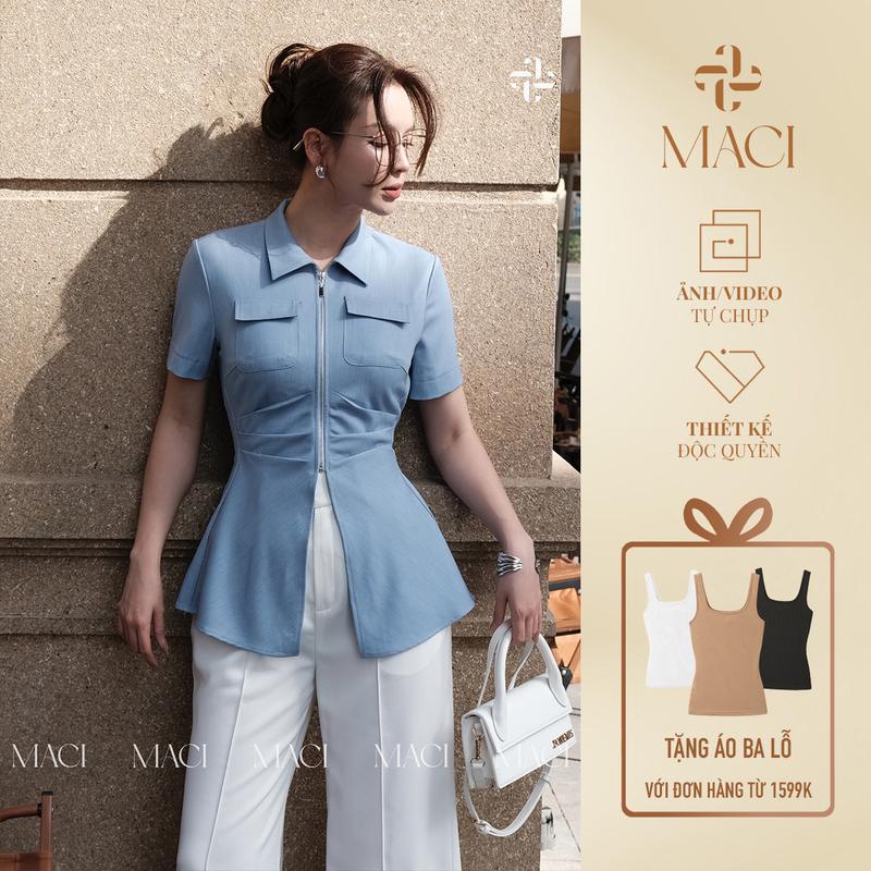 Áo Sơ Mi Bò Lụa Xanh Nhạt Khoá Đồng MACI by MKC MCASMXD0075 Thời Trang Nữ Thiết Kế Độc Quyền