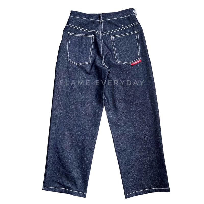 Product Introduction of Flame Everyday Celana Denim Y2K Baggy Wideleg Gombrong Raw Denim 13oz Hitam Jeans Panjang 58
