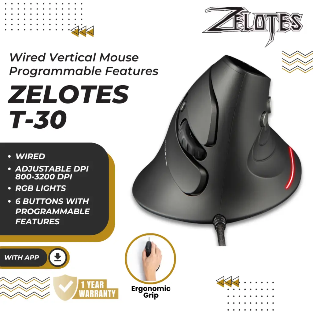 Zelotes T30 Ergonomic Vertical Wired Gaming Mouse | 6 Programmable Button | Up to 3200 DPI Ergonomis