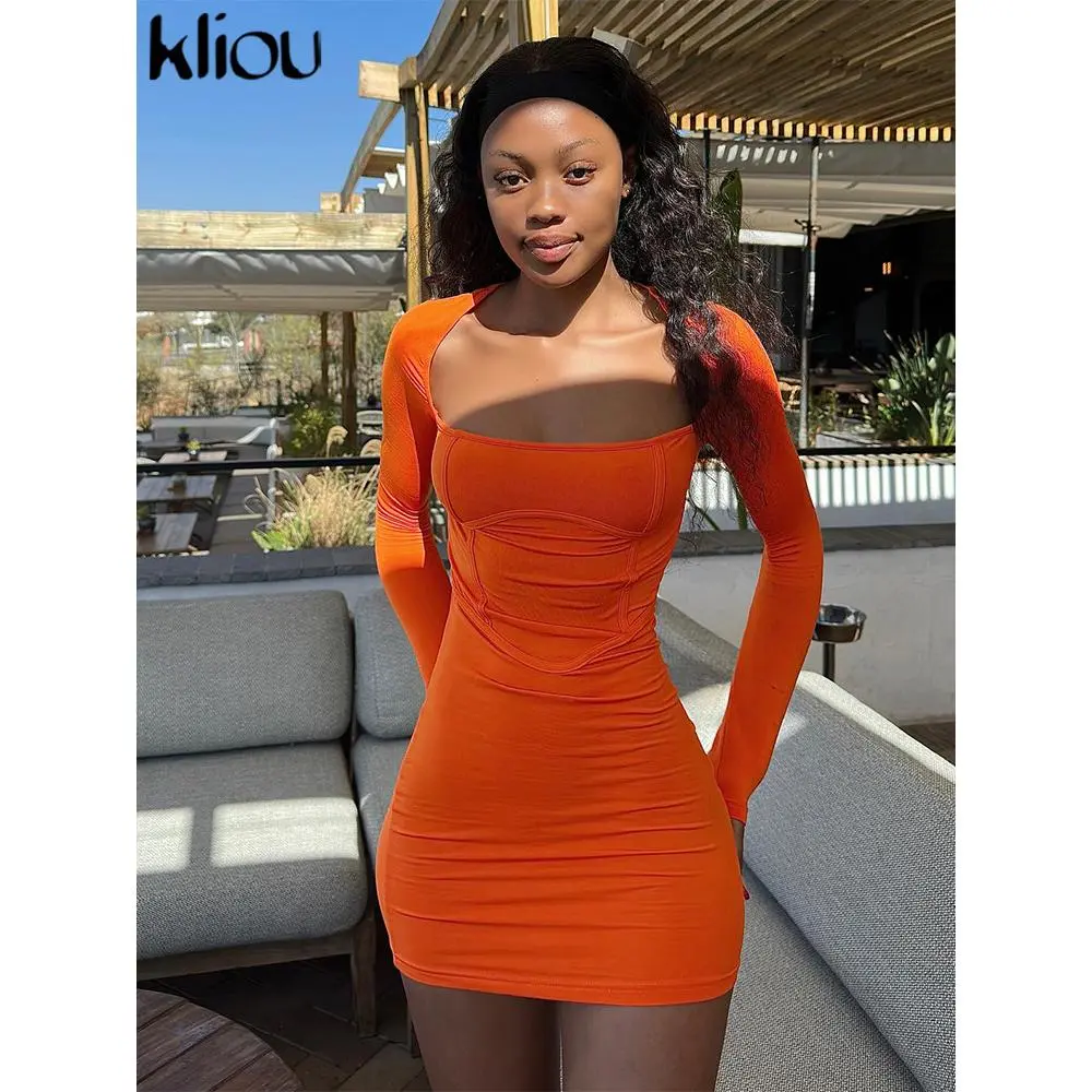 kliou Casual Solid Mini Dress Women Classic Basic Long Sleeve Square Neck Long Sleeve Skinny Vestidos Female Trend Autumn Robe