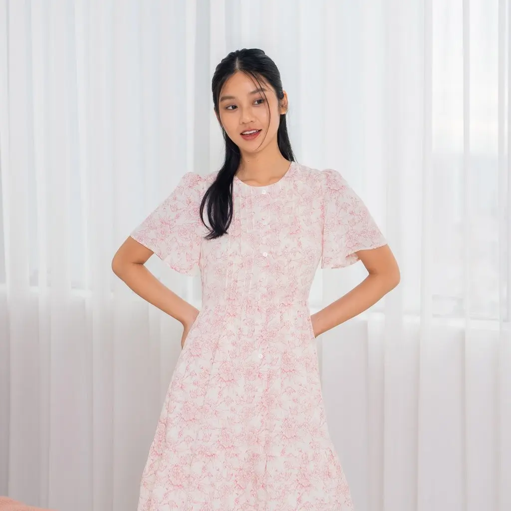 Dion Flutter Sleeves Pleat Dress In Pink