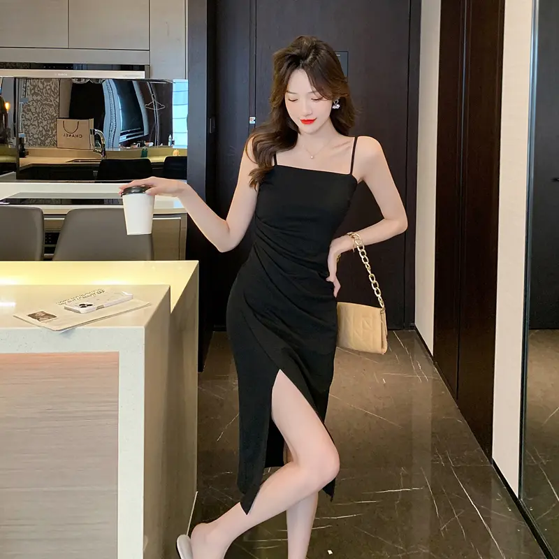7810 black dress wanita hitam kekinian korean style panjang dress elegant casual dress cocktail long dress sleeveless sexy prom dress party dress cantik halter backless dress Gaun Formal
