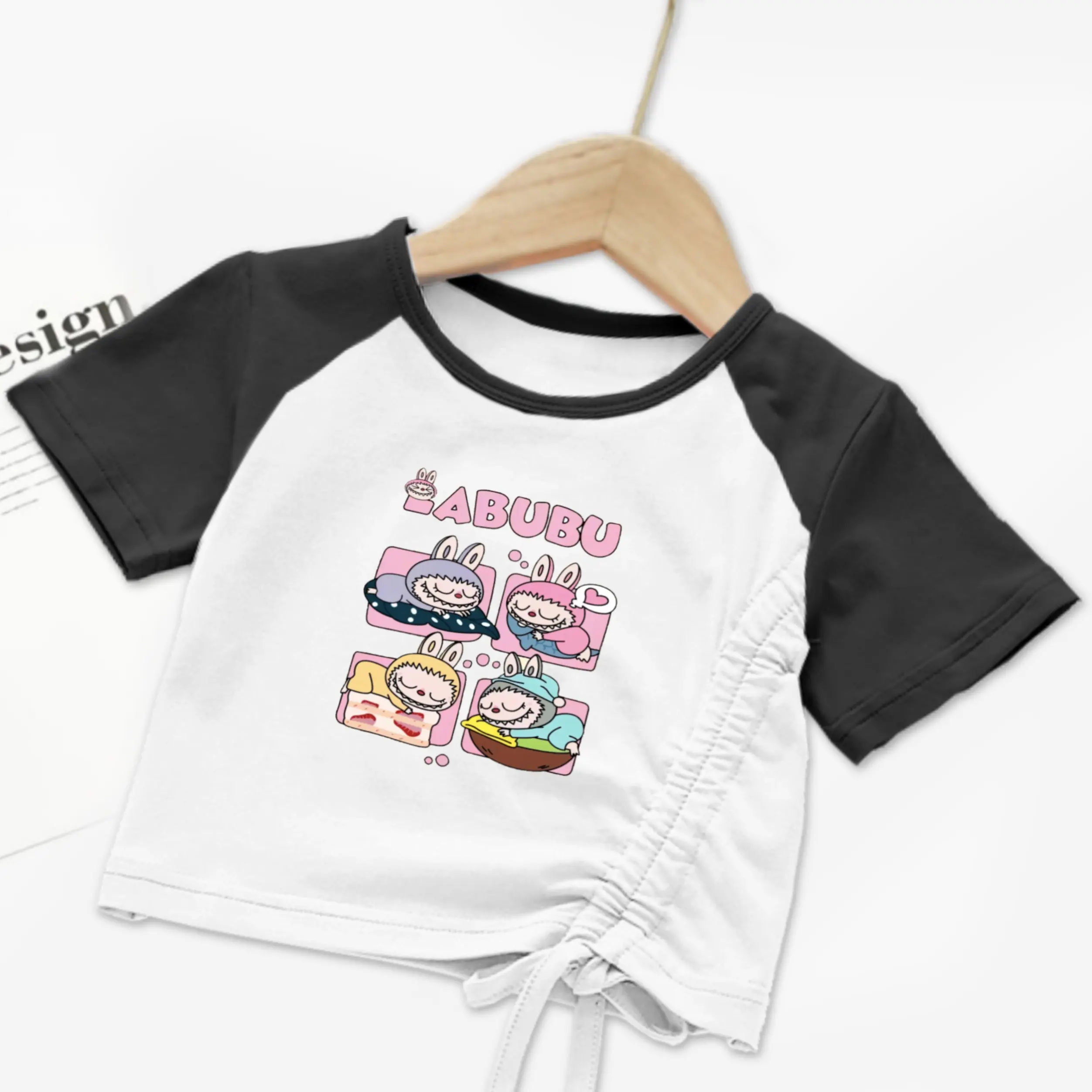 Atasan Crop Anak-Anak Warna Putih Edisi Reglan Tali Serut Usia 1-12Tahun Katun Kids kaos anak perempuan  labubu 2024