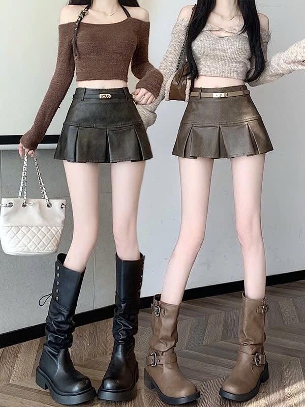 (M33) Chân Váy Da Xếp Ly Dáng Ngắn Sang Chảnh
