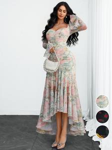 Vestido elegante de mujer con cuello en V fruncido, ajuste ceñido al cuerpo, falda estampada de doble capa, sexy y chic, perfecto para fiestas y eventos