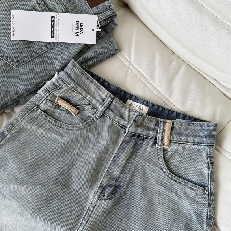 Dài 88-93cm Quần Jean Suông Phối Đai Màu Lai 3 Phân Nữ LEDA Quần Bò Ống Suông Rộng Đai Đỉa Phối Màu Nấm Lùn 1m5 Quần Rin 9 Tấc