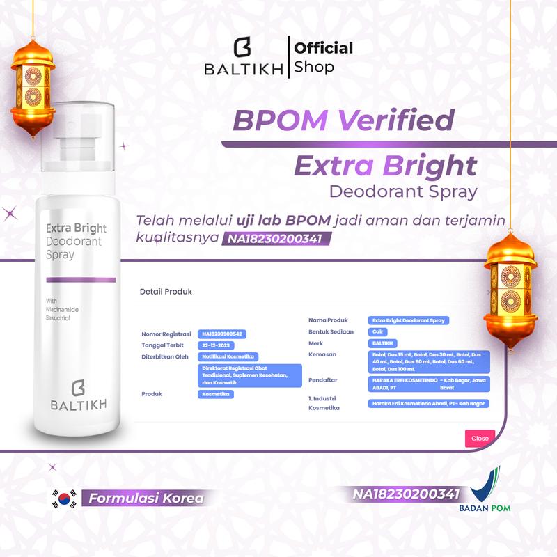 NEW 100 ML BALTIKH Extra Bright Deodorant Spray with Bakuchiol - Deodorant Keti. & Slengki Lipatan Extra Wangi Memorable dan Alami Pencegah Bau Badan + Anti Ketiak Basah Pencerah Bakuchiol 4