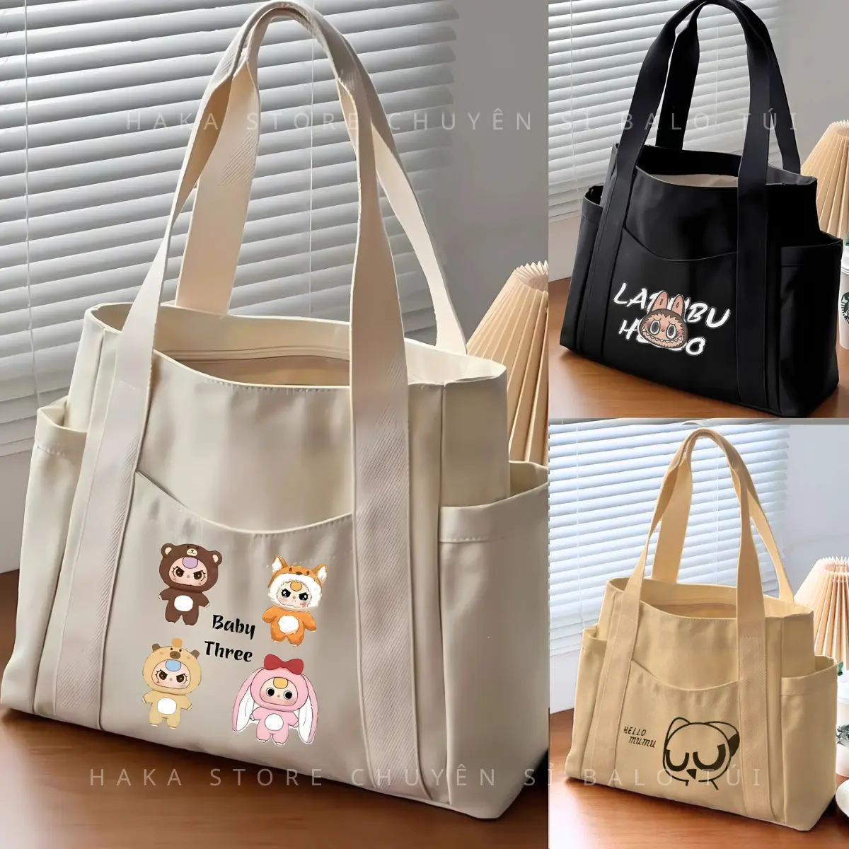 Túi tote túi vải canvas có ngăn phụ túi đeo vai đi học đi chơi thời trang Hàn Quốc đựng vừa khổ A4 laptop Bag Chữ Nhật Nữ Hình Chữ Nhật