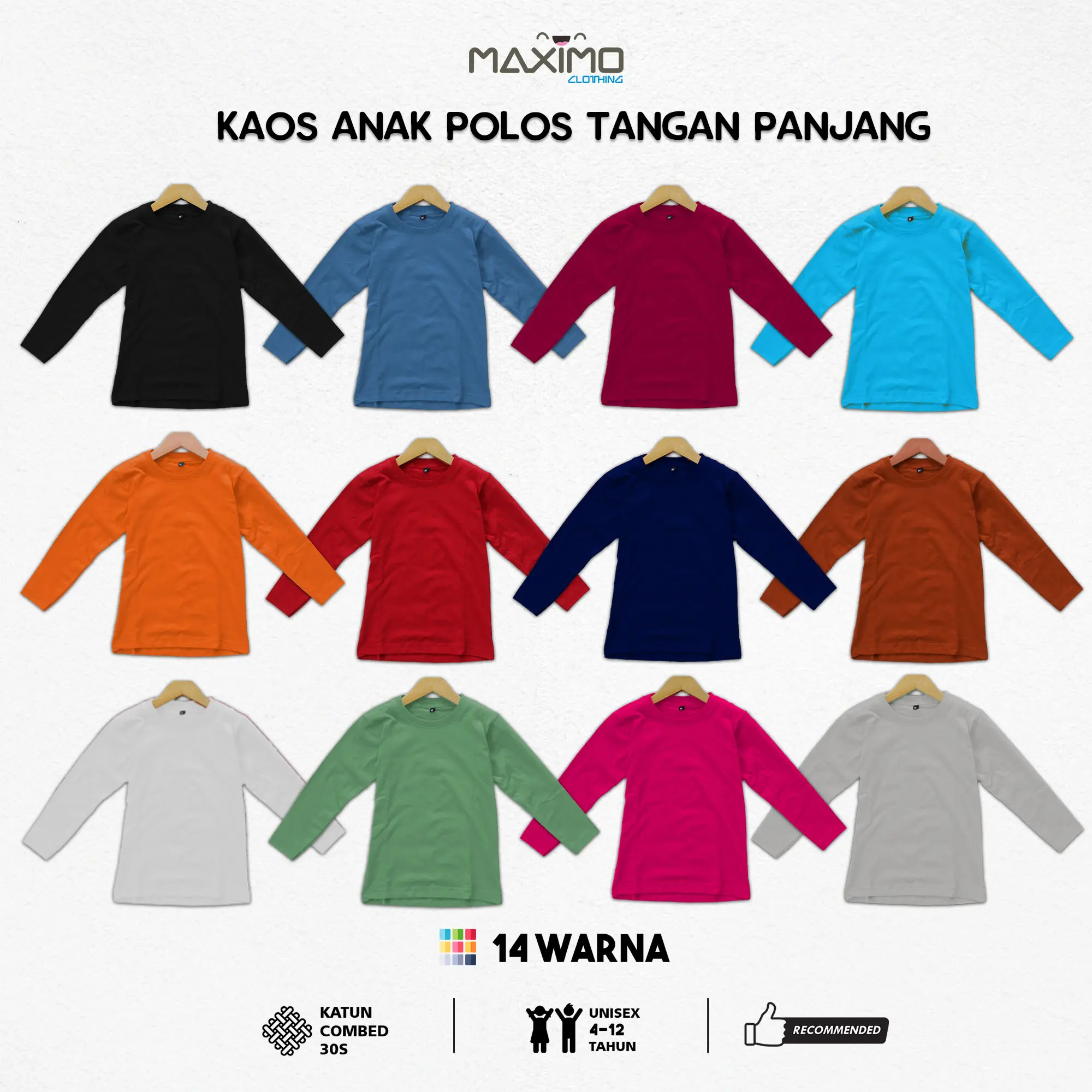 Kaos Anak Polos Tangan Panjang Usia 4 - 12 Tahun Bahan Cotton Combed - Kaos Anak Polos 14 Warna Katun Laki-laki Perempuan