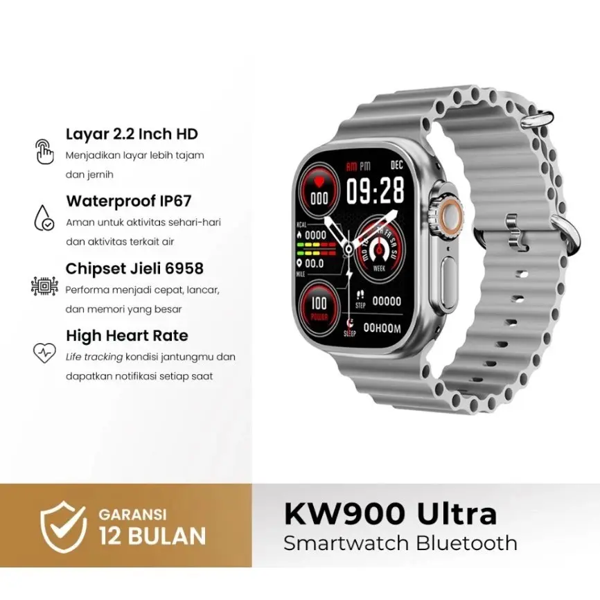 Jam Tangan Pintar Digital KW900 Ultra 2 Bluetooth dengan Layar Sentuh Penuh Warna dan Fitur Kalkulator - Monitor, Kaca, Silver, Telepon