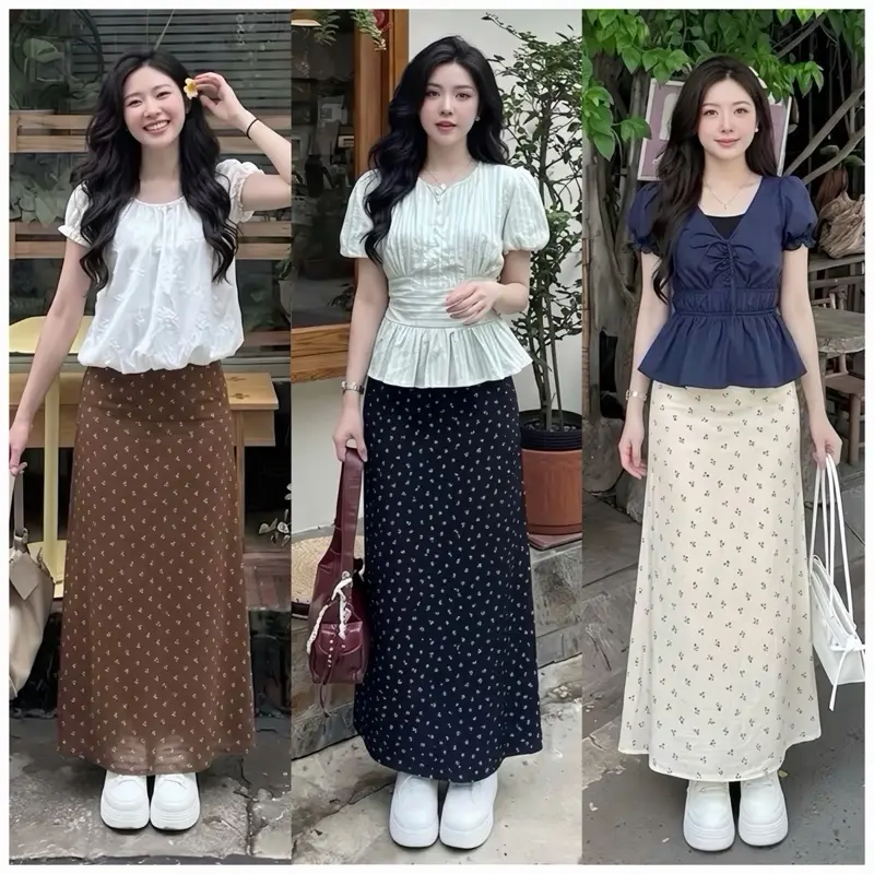 [ Deal Mở Bán – Váy 2 lớp ]  Chân váy dài đũi hoa nhí dáng dài 90cm khoá lưng sau sau có sẻ tà Mã2368