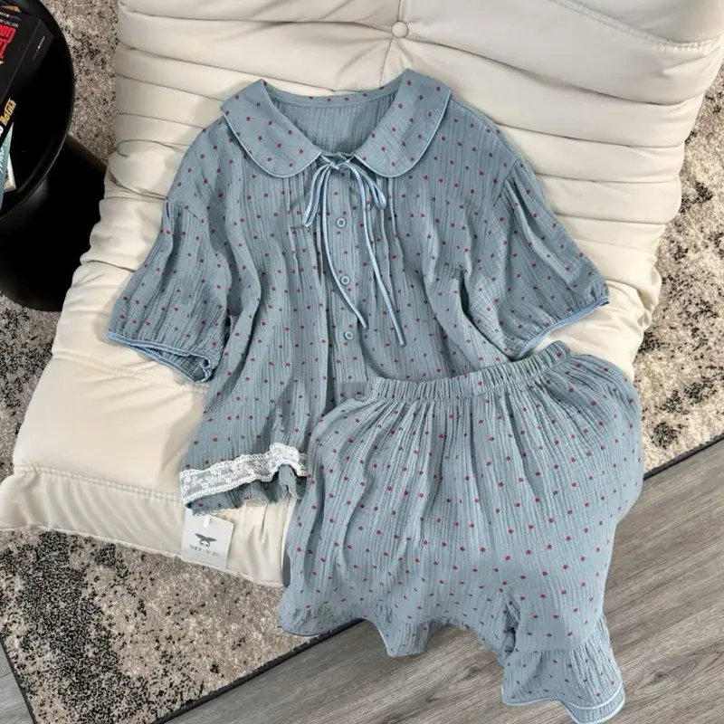Set bộ cộc dài cổ sen xanh chấm bi đỏ chất xô musline by Channg Bee