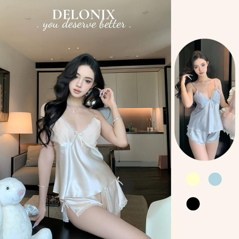 B19 Đồ bộ ngủ lụa xếp ly mới 2 dây tôn dáng cute phối ren chuẩn hàng Quảng Châu cao cấp nữ DELONIX