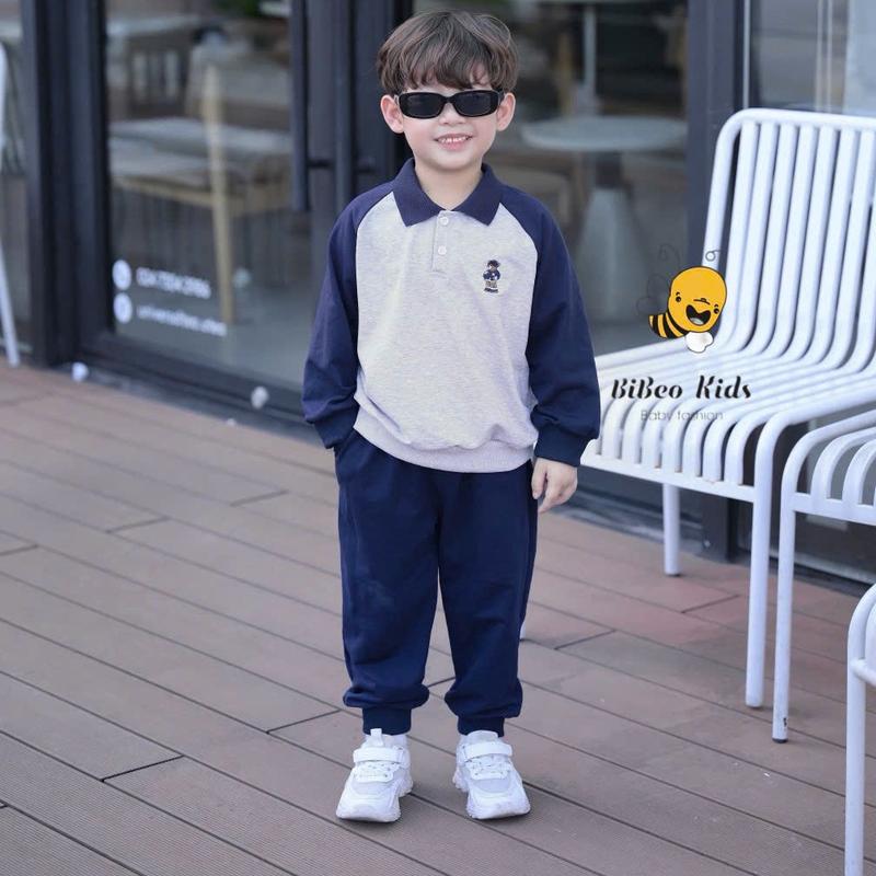   BiBeo Kids  Bộ Quần Áo POLO THU ĐÔNG THÊU GẤU  cho bé trai ,Bộ quần áo dài tay cho bé 