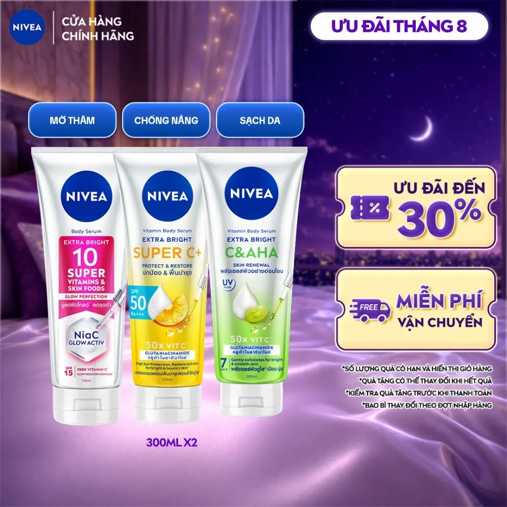 Bộ 2 Serum Dưỡng Thể NIVEA Sáng Da Mờ Thâm | Chống Nắng | Sạch Da (300ml x2) - 93824x2/99195x2/99197x2