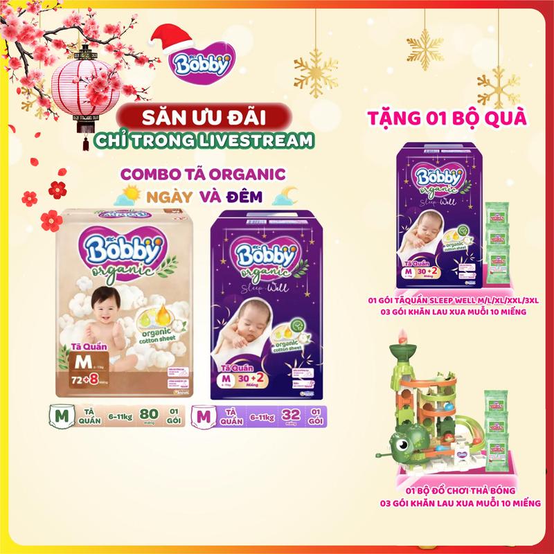   KOL   COMBO ORGANIC-TẶNG QUÀ  Tã Bỉm quần Bobby Organic Ngày và Đêm size M L XL XXL XXXL cho bé từ 6kg-35kg  CỘNG MIẾNG NGẪU NHIÊN  