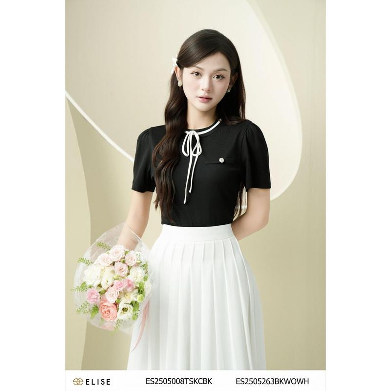 Áo thun đen cổ buộc nơ thiết kế Elise mã ES2505008TSKCBK