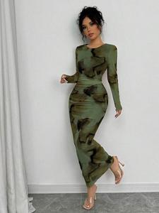 Vestido elegante de manga larga con degradado, corte ajustado para mujer, moda de primavera y otoño, falda larga y estilosa, perfecto para uso casual