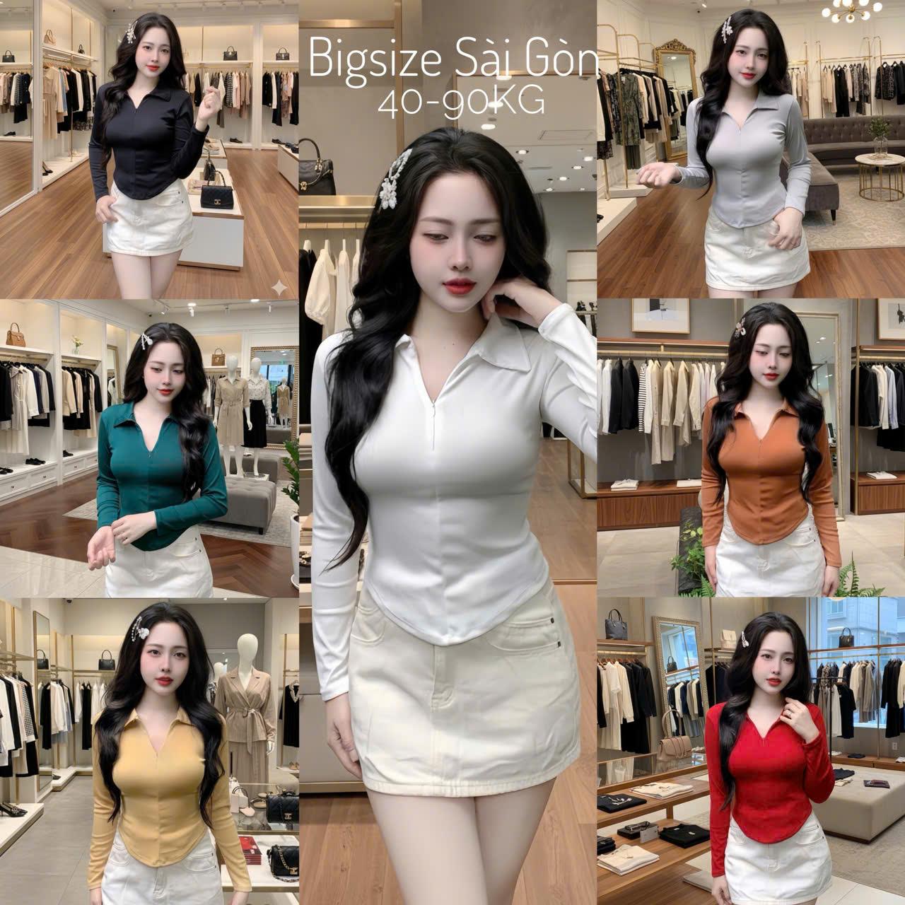 Áo Thun Cổ Polo Tay Dài Phối Dây Kéo Vải Thun RuBy Cao Cấp Thanh Lịch Bigsize 45- 90Kg Dễ Thương Top Nữ Women - B.1413