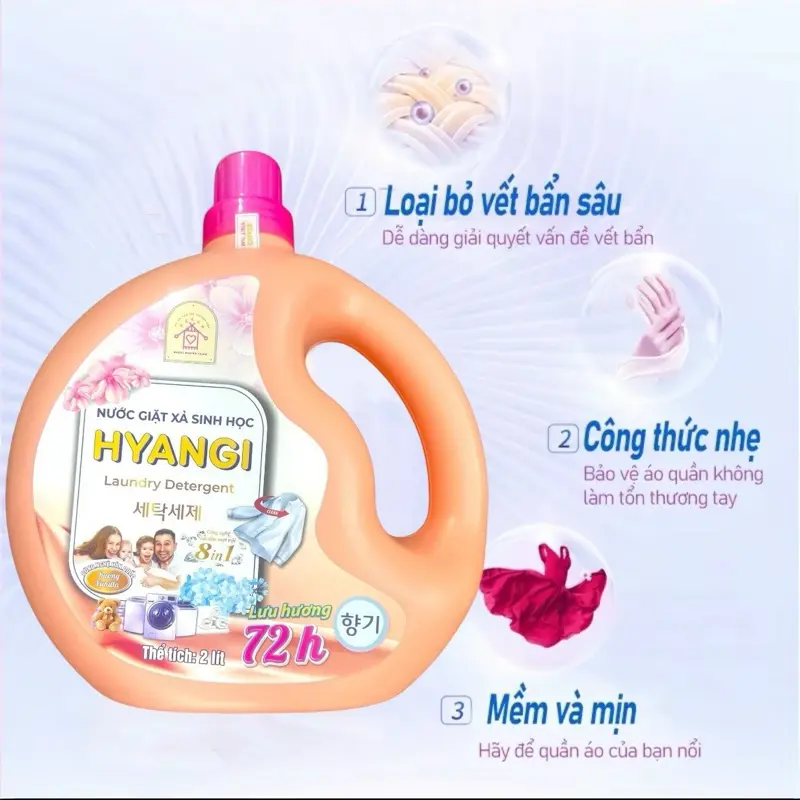 Nước giặt xả sinh học cao cấp HYANGI.Đậm đặc,sạch,thơm,diệt khuẩn,giữ màu,khử mùi hôi,tanh.Hàng chính hãng.2lit 2
