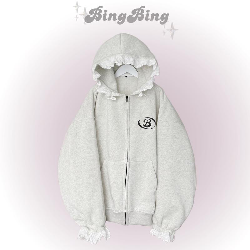 (Deal Mở Bán) BingBing - Áo Khoác Menswears Nỉ Phối Ren Form Rộng Nam Nữ Unisex